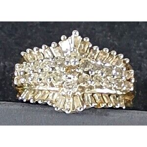 Vintage 10K Yellow Gold Diamond Ballerina Ring 50 Stone Cluster Cocktail S 5 3/4